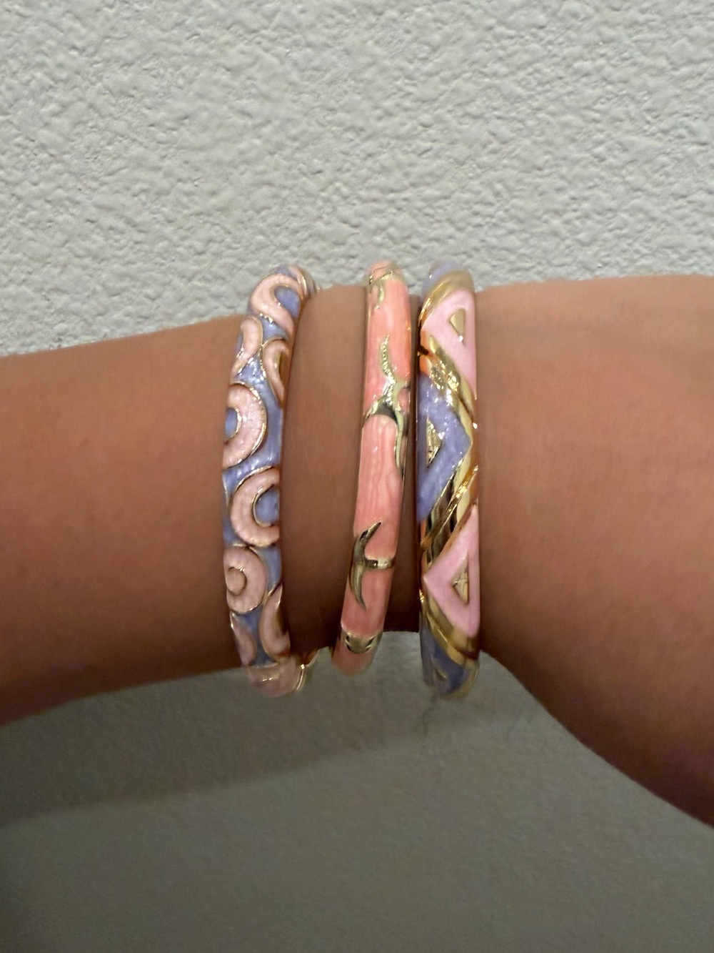 Gold-Accented Pink and Lavender Enamel Bangle Bracelet Set